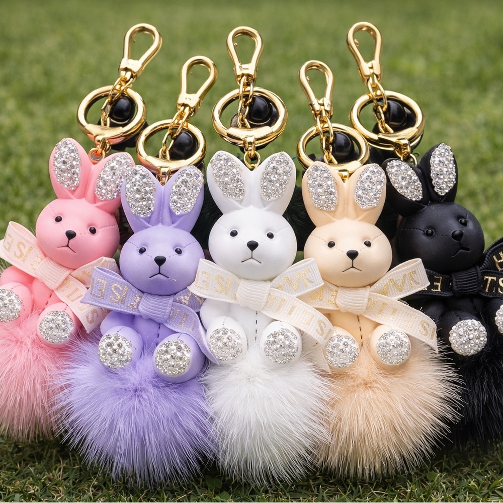 Bunny Plush/Crystal Pom Pom Keychain Charm